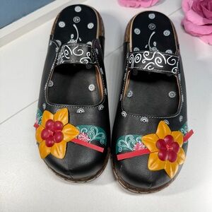 Black Slip On Maryjane's with Yellow Faux Leather Flowers